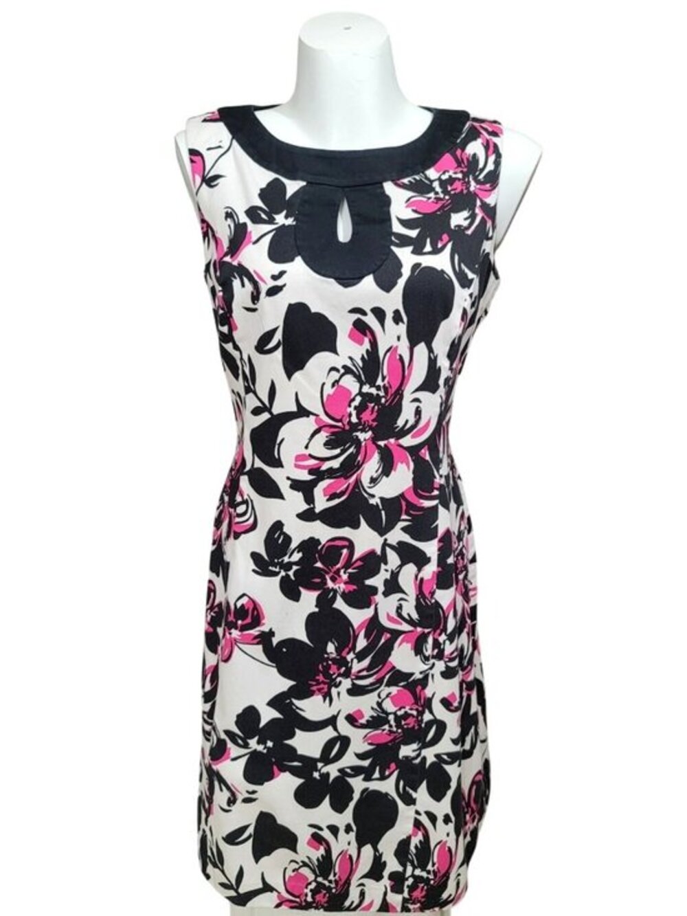 Floral Sleeveless Chaps Dress Keyhole Neckline Size 12 Cotton Blend Black White